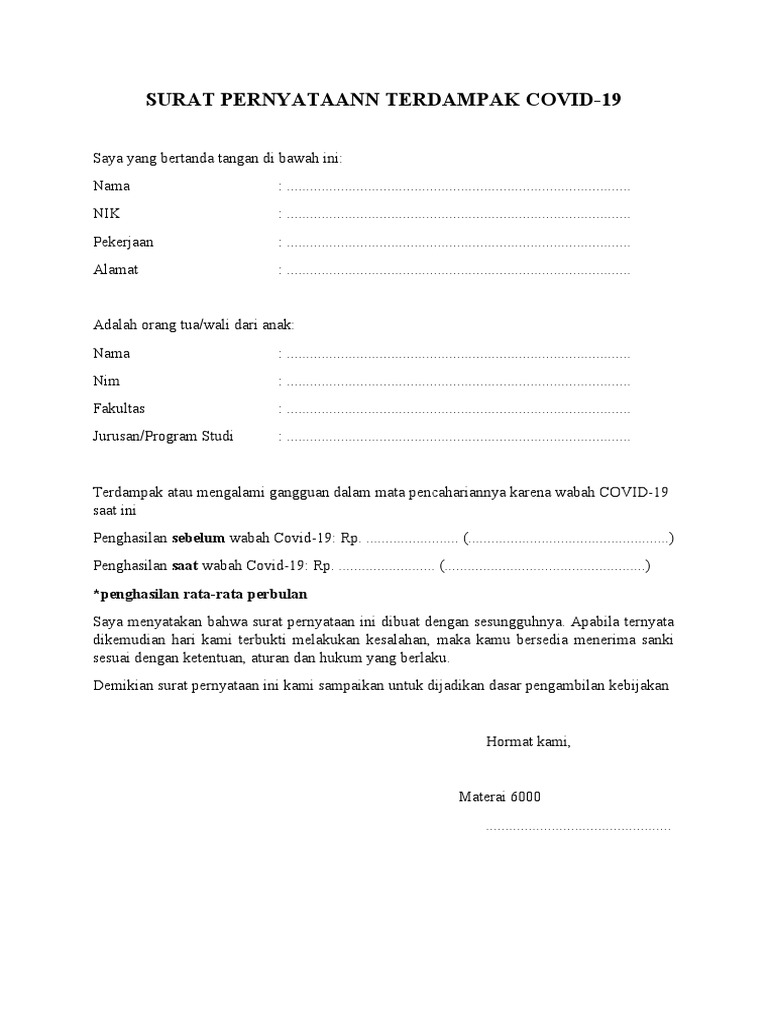 Surat Pernyataann Terdampak Covid