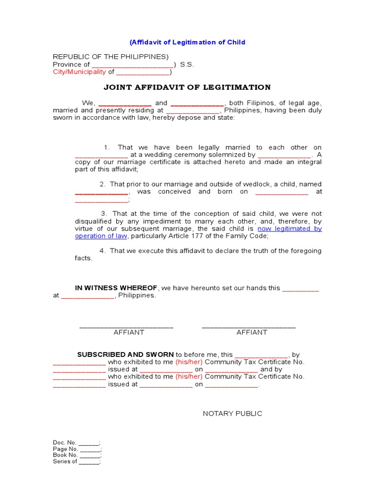 Affidavit of Legitimation of Child PDF