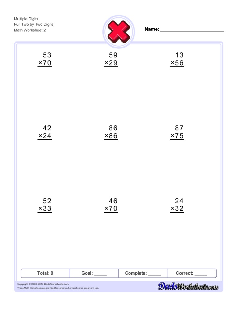 Multiple Digits Full Two by Two Digits Math Worksheet 2: Total: 9 Goal ...