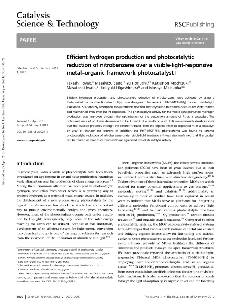 Visible-Light Hydrogen Production via MOF | PDF | Catalysis ...
