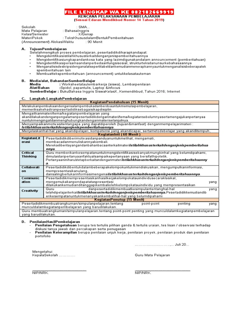 Contoh RPP Bahasa Inggris Sma 1 Lembar | PDF | Karier & Perkembangan ...