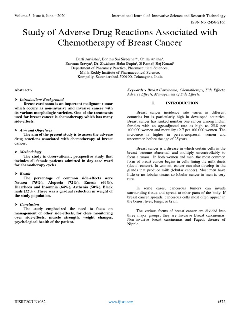Study of Adverse Drug Reactions Associated With Chemotherapy of Breast ...