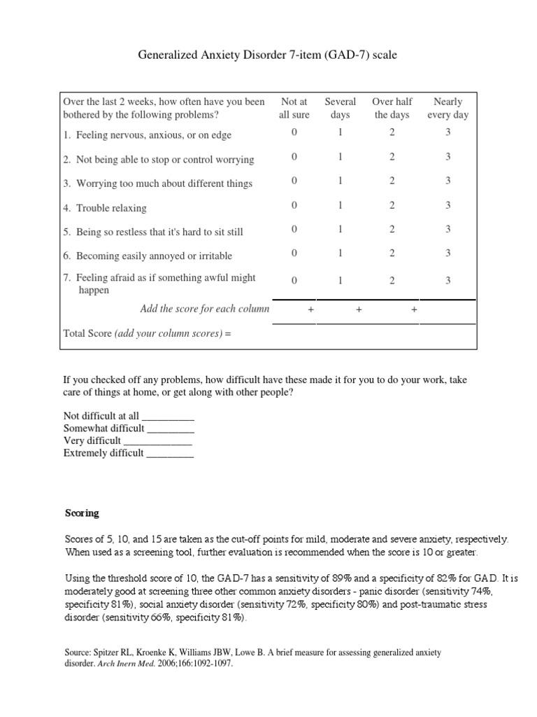 GAD-7 Scale for Anxiety Assessment | PDF
