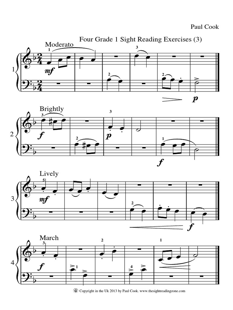 Four Grade 1 Sight Reading Exercises PDF | PDF