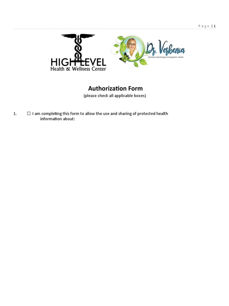 Authorization Form: (Please Check All Applicable Boxes) | PDF | Health ...