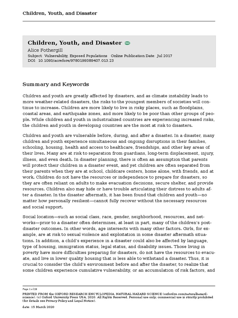 Impact of Disasters on Children and Youth | PDF | Disaster Risk ...