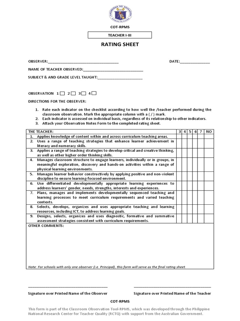 Rating Sheet CotRpms Teacher IIii PDF Curriculum Educational