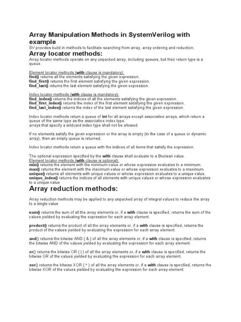 Array Manipulation Methods in SystemVerilog With Example | PDF | Array ...