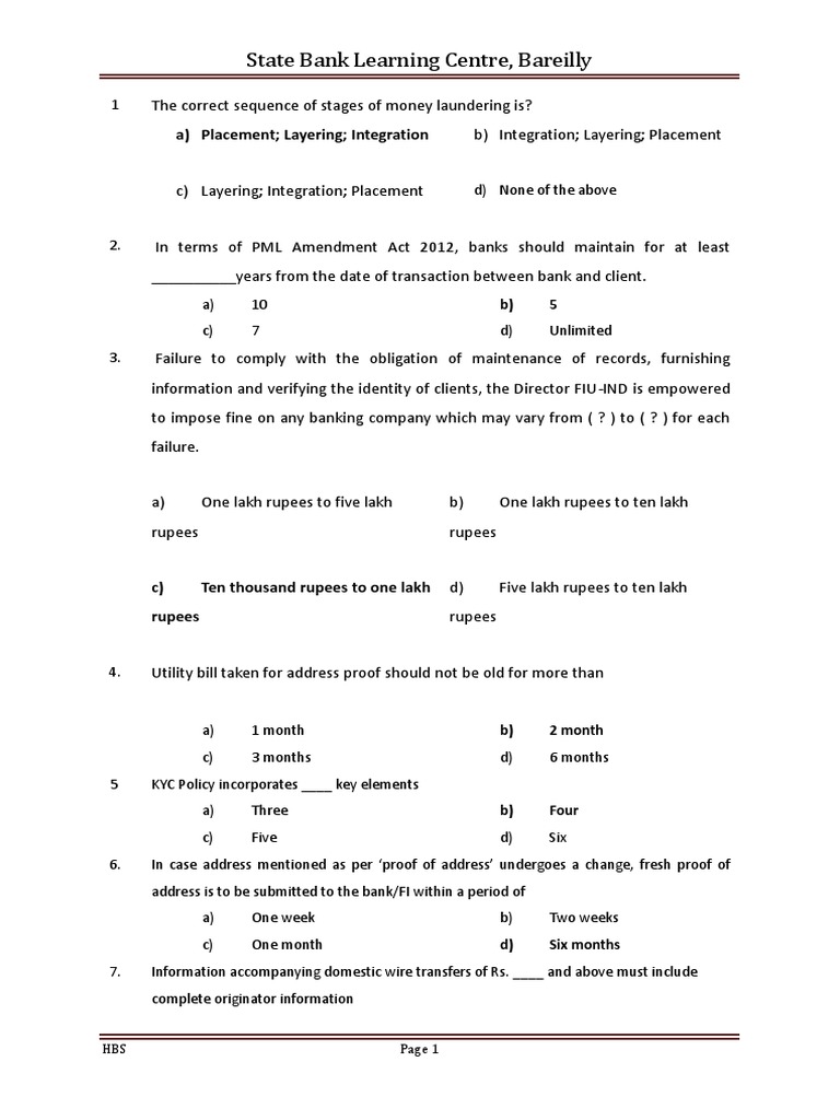 Question Paper On KYC | PDF | Money Laundering | Financial Services