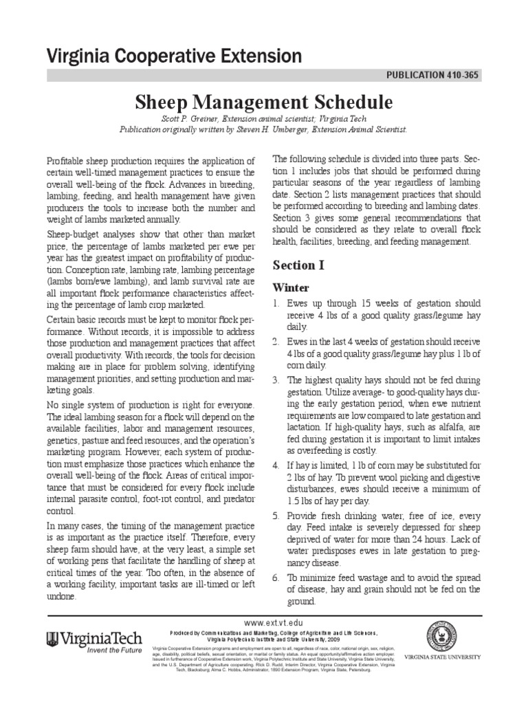 Sheep Management Schedule Section I PDF Sheep Livestock