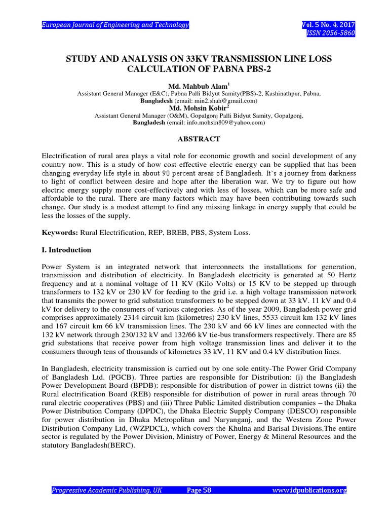Study and Analysis On 33Kv Transmission Line Loss Calculation of Pabna
