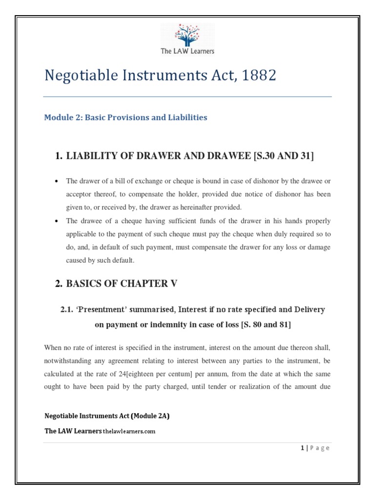 Negotiable Instruments Act, 1882 Liability of Drawer and Drawee (S.30