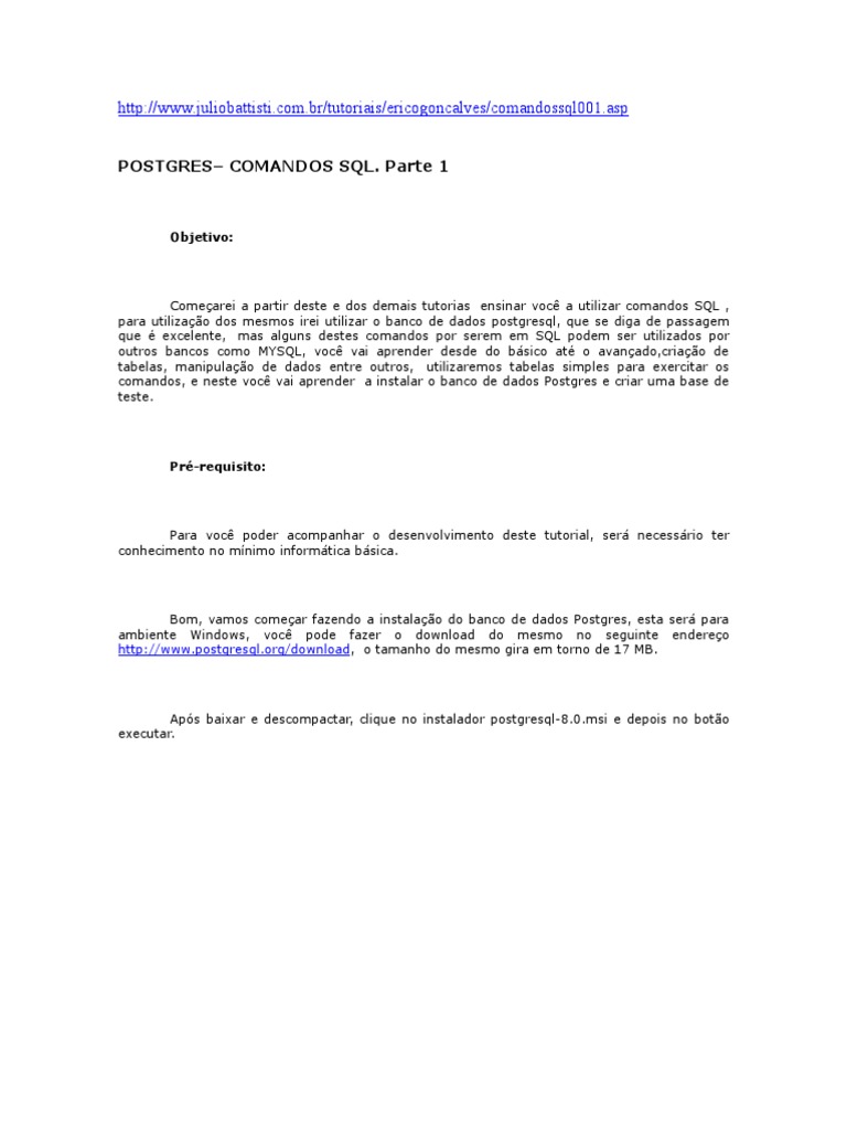 Tutorial Postgresql Windows Comandos | PDF