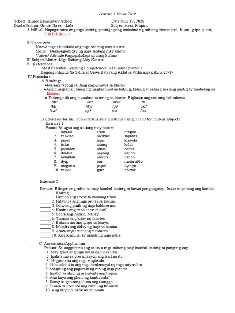 filipino 3 q 4 jfd salitang may klaster teacher made learner s home task pdf