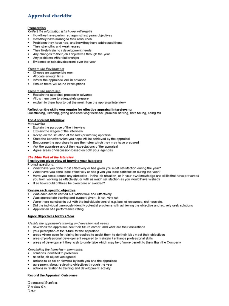 Appraisal Preparation Checklist | PDF | Performance Appraisal ...