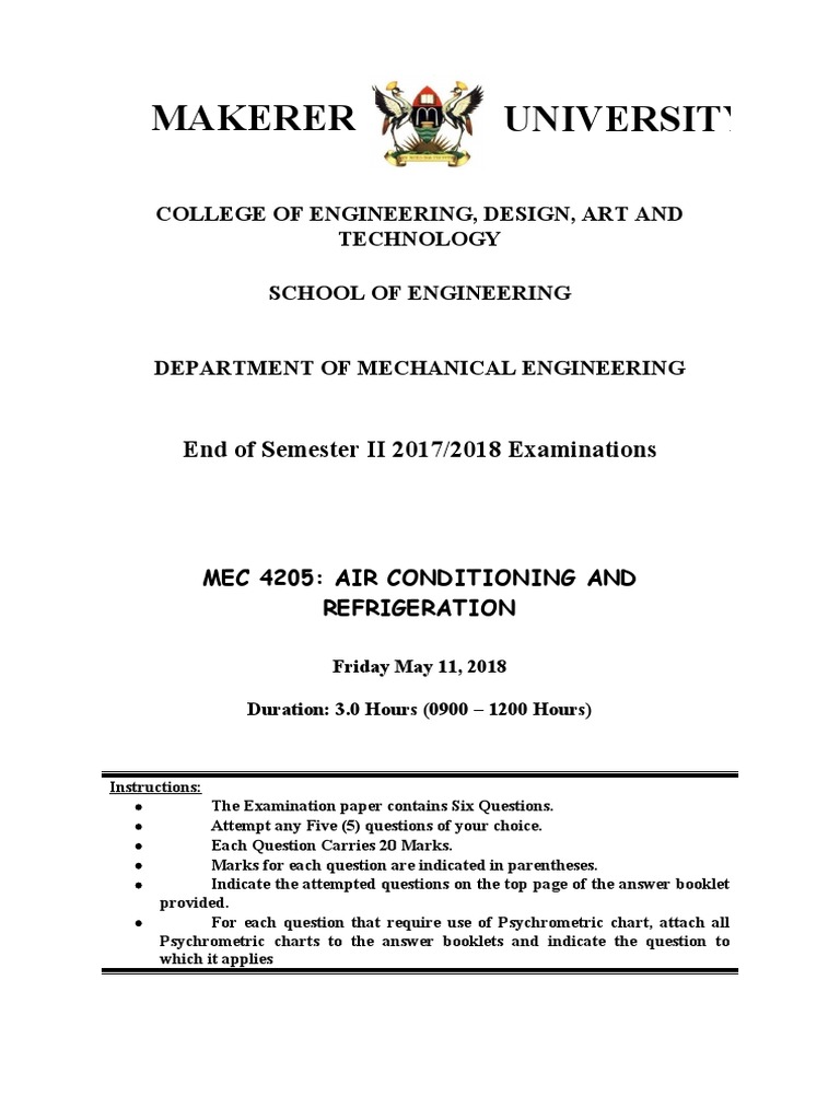MEC 4205 Exam - May - 2018 - Marking Guide | PDF | Air Conditioning ...