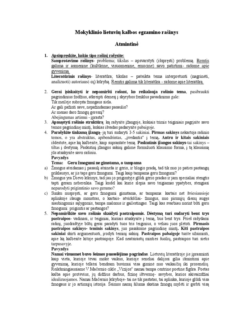 Mokyklinio Lietuvių Kalbos Egzamino Rašinys Atmintinė | PDF