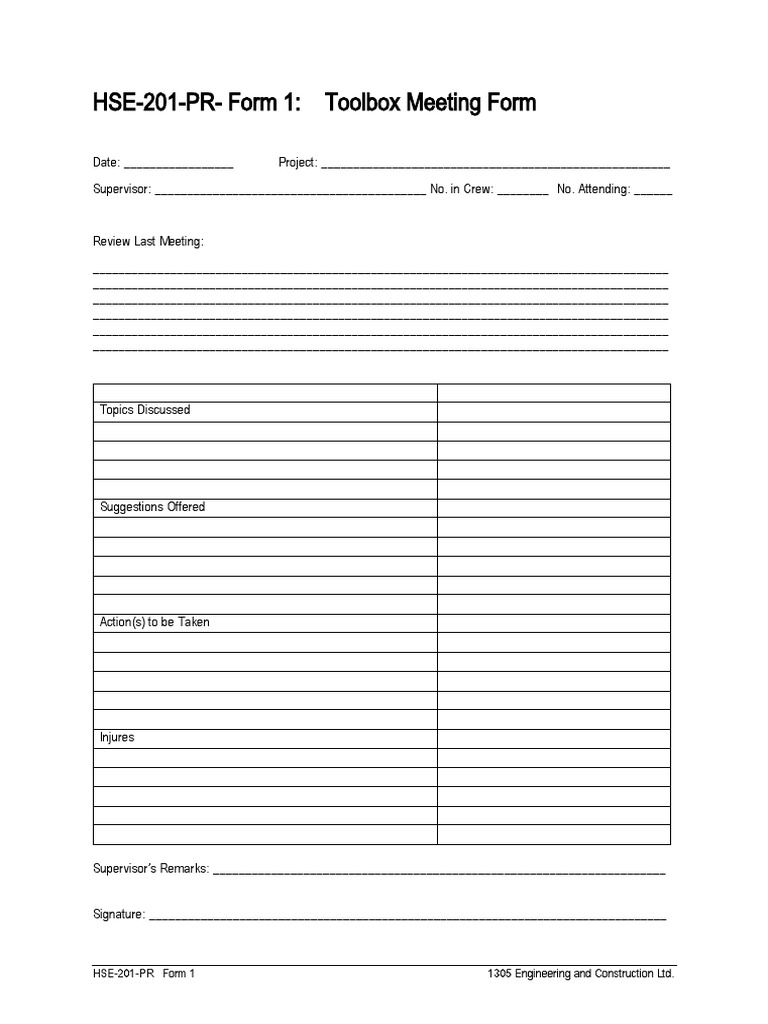 HSE-201-PR - Form 1 - Toolbox Meeting Form | PDF