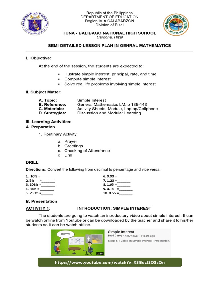 Simple Interest Lesson Plan for Grade 11 | PDF | Interest | Cognition