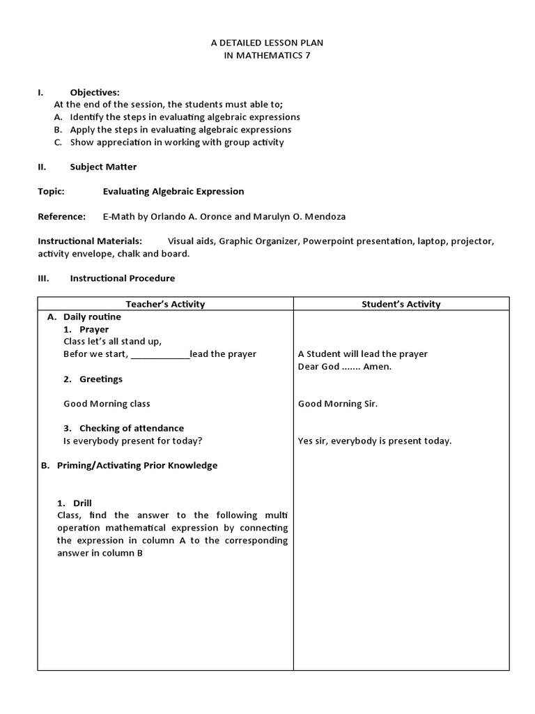 Grade 7 Algebraic Expressions Lesson Plan | PDF | Equations ...