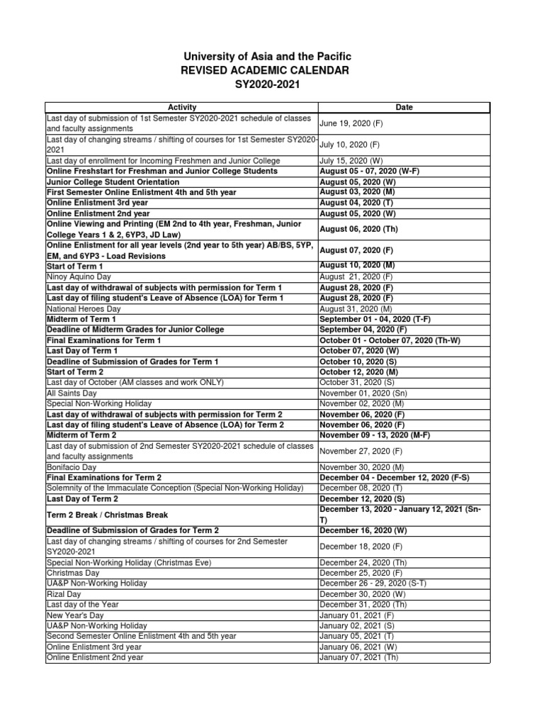 UA&P Academic Calendar SY2020-2021 (Updated 6.30.2020) | PDF | Academic  Term | Christian Worship And Liturgy