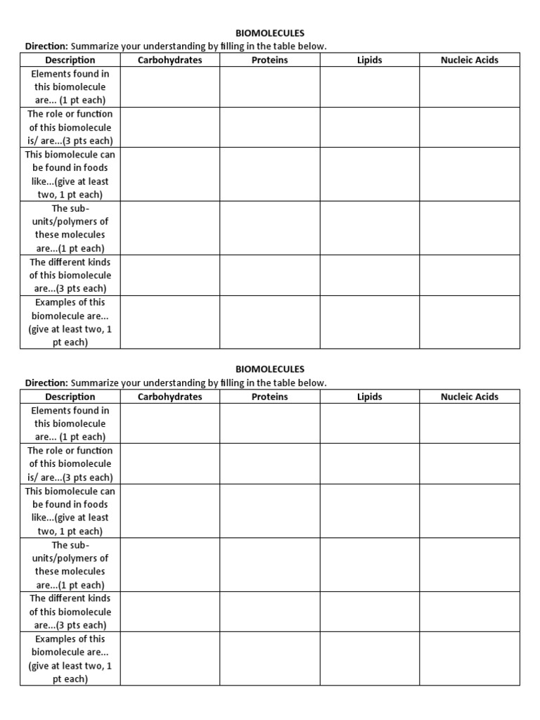 BIOMOLECULES Activity Sheet PDF