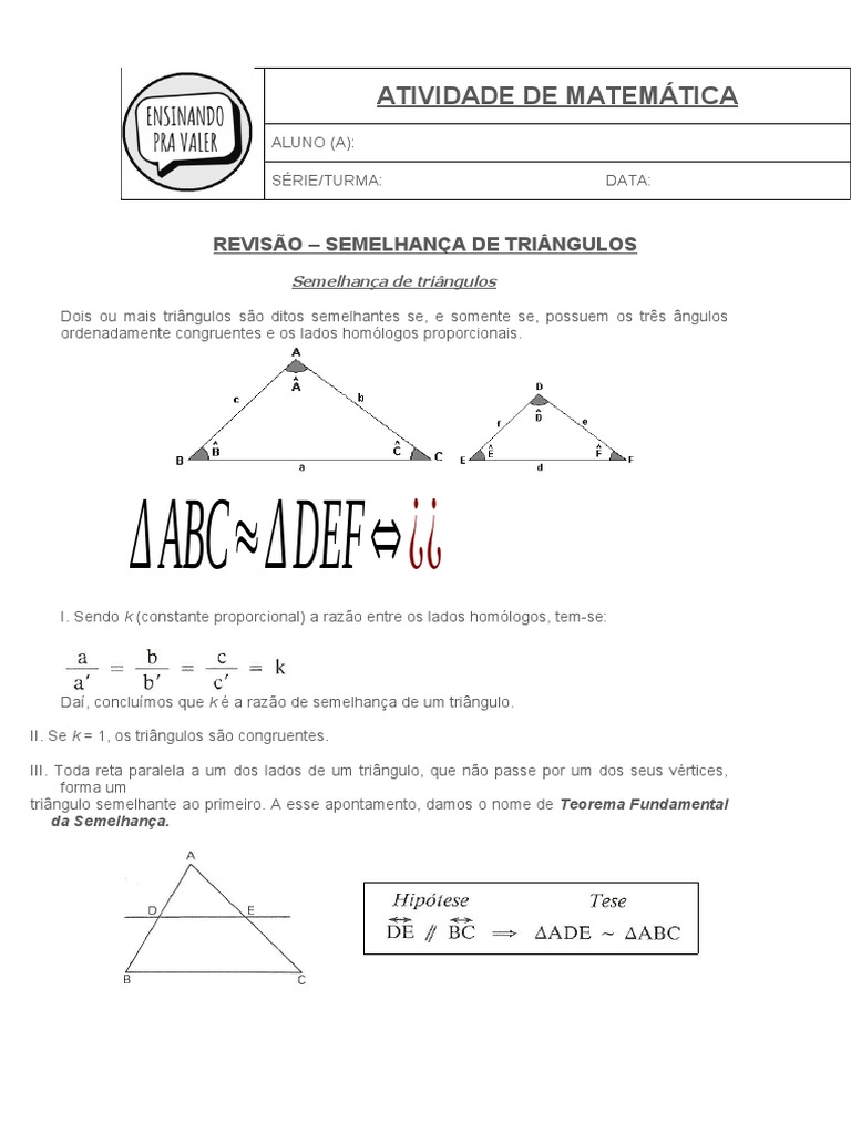 9o Ano - Exercícios - SEMELHANÇA DE TRIANGULOS LISTA | PDF | Geometria ...