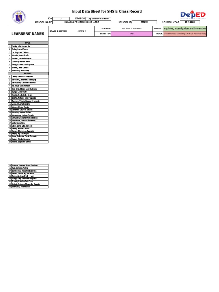 Input data sheet for shs e class record learners names pdf