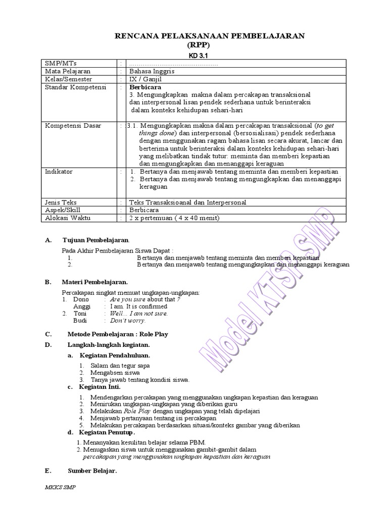 Rpp Bhs Inggris Kelas 9 Ganjil 3 1