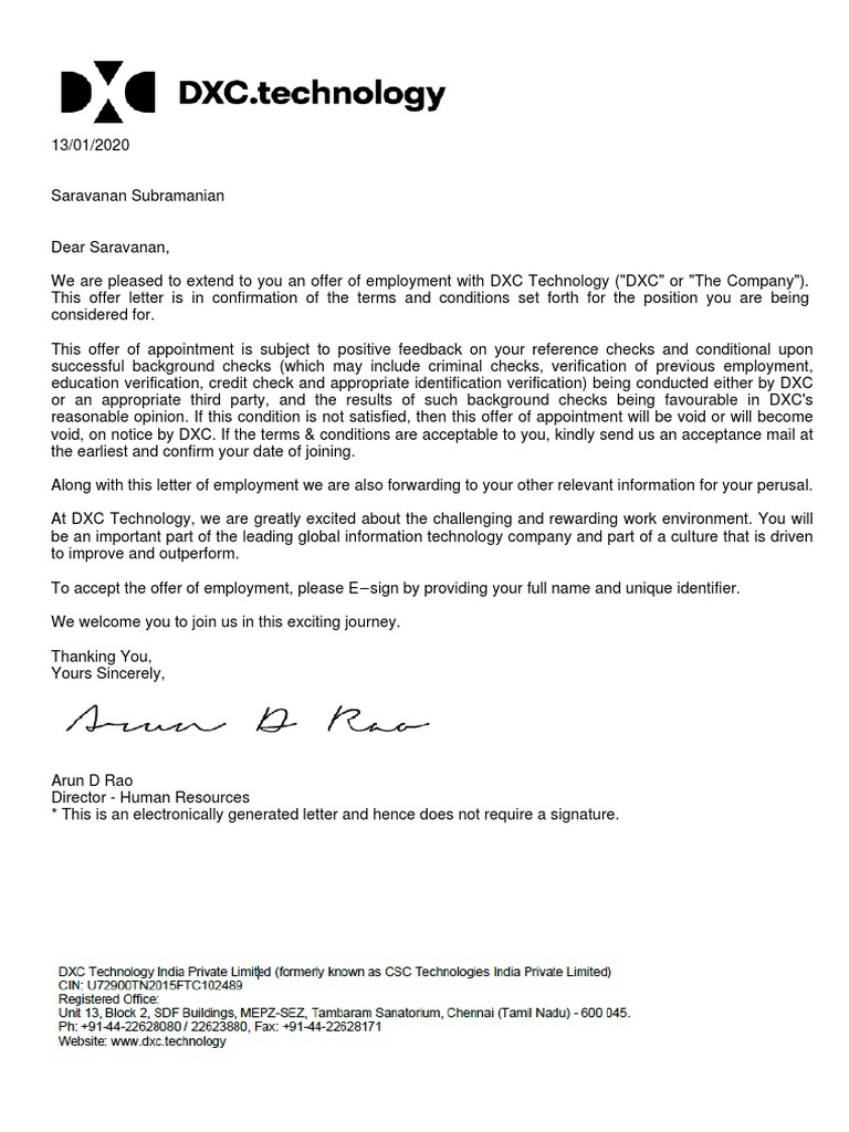 DXC Technology Employment Offer Letter | PDF | Salary | Insurance