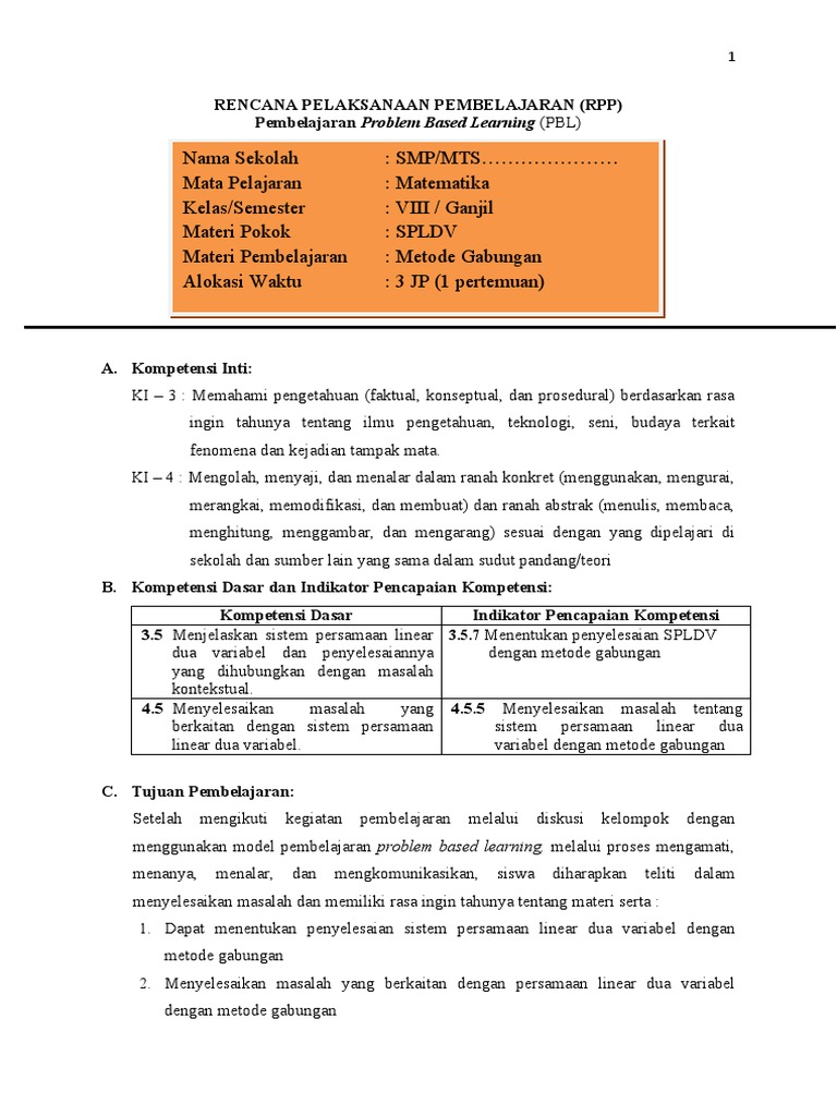 Contoh Instrumen Soal Pada Materi Spldv Pada Metode Pbl