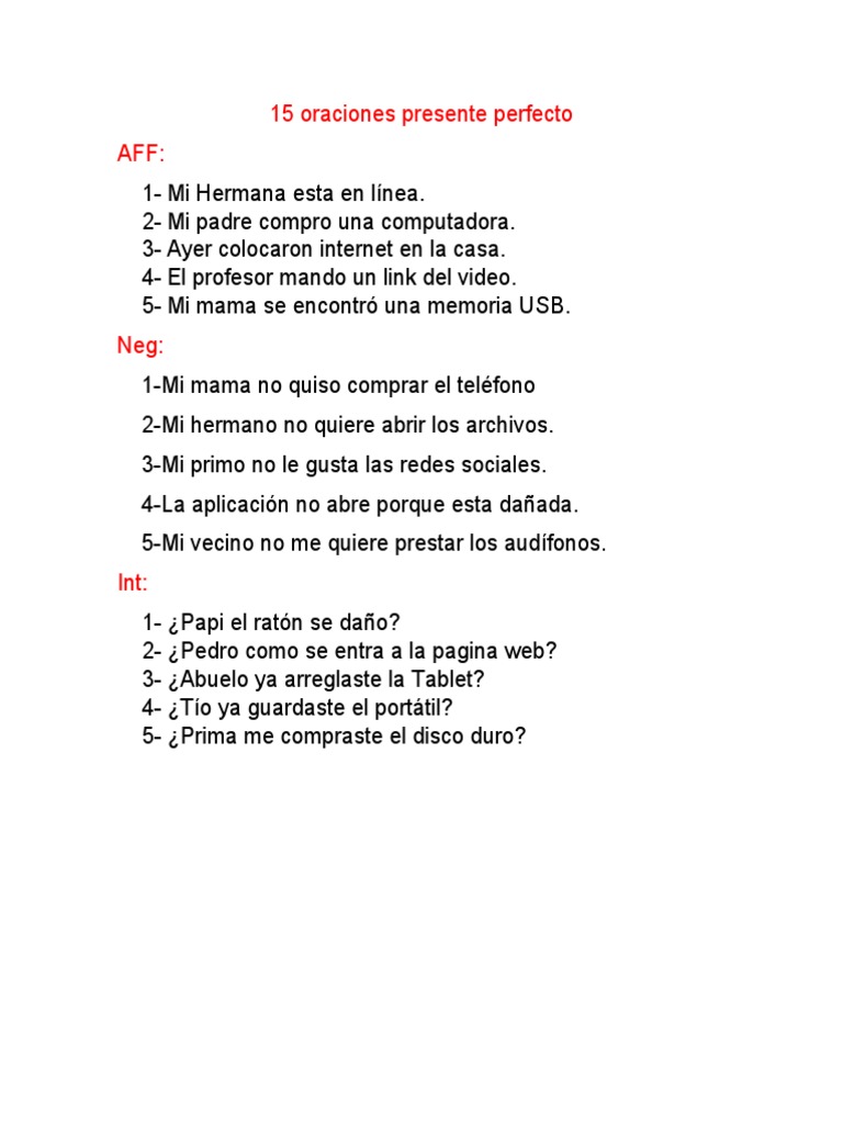 15 Oraciones de Presente Perfecto | PDF