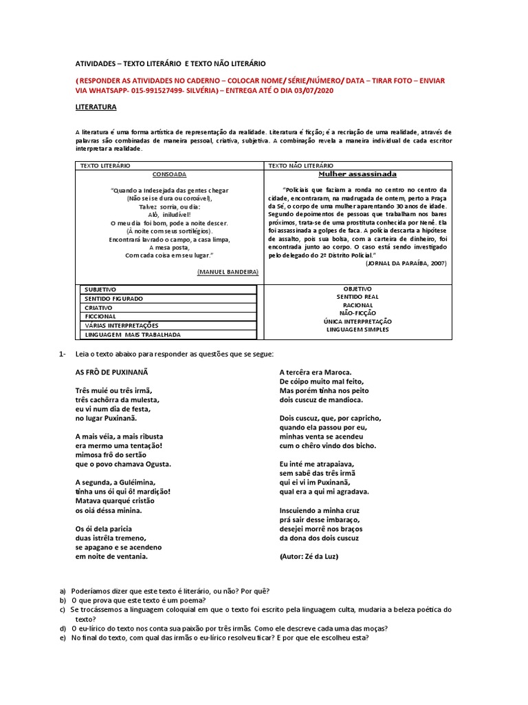 Atividades – Análise e Comparação entre Texto Literário e Não Literário ...