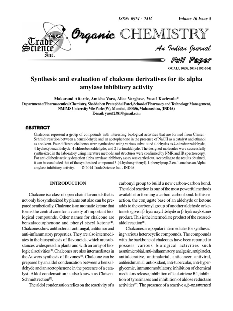 Synthesis and Evaluation of Chalcone Derivatives For Its Alpha Amylase ...