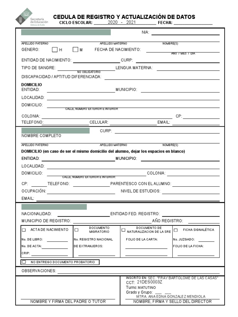 Cedula Registro Datos Alumno 2020 2021 Aplicaciones de