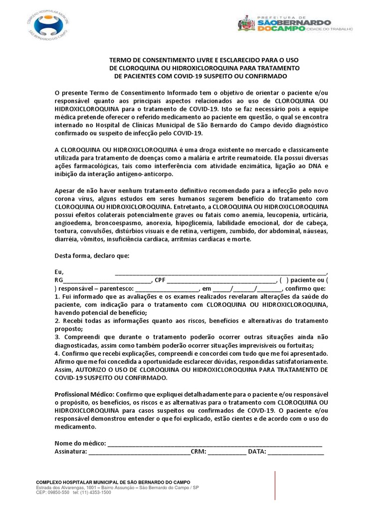 Termo de Consentimento Livre e Esclarecido Hidroxicloroquina - TCLE ...