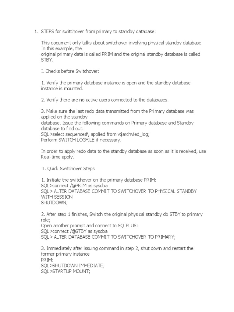 STEPS For Switch Over From Primary To Standby Database | PDF | Data ...
