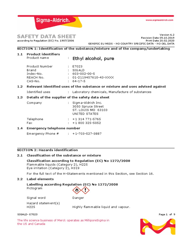 Safety Data Sheet: Ethyl Alcohol, Pure | PDF | Dangerous Goods | Toxicity