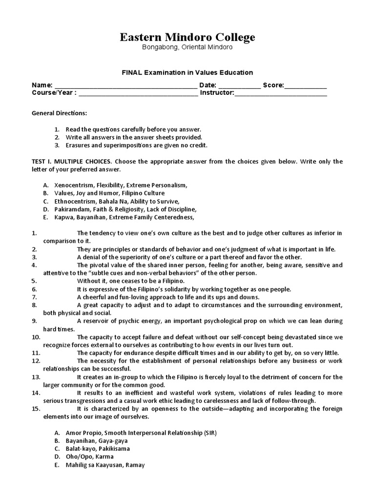 FINAL Test-Question-in-Values-Education | PDF | Test (Assessment ...