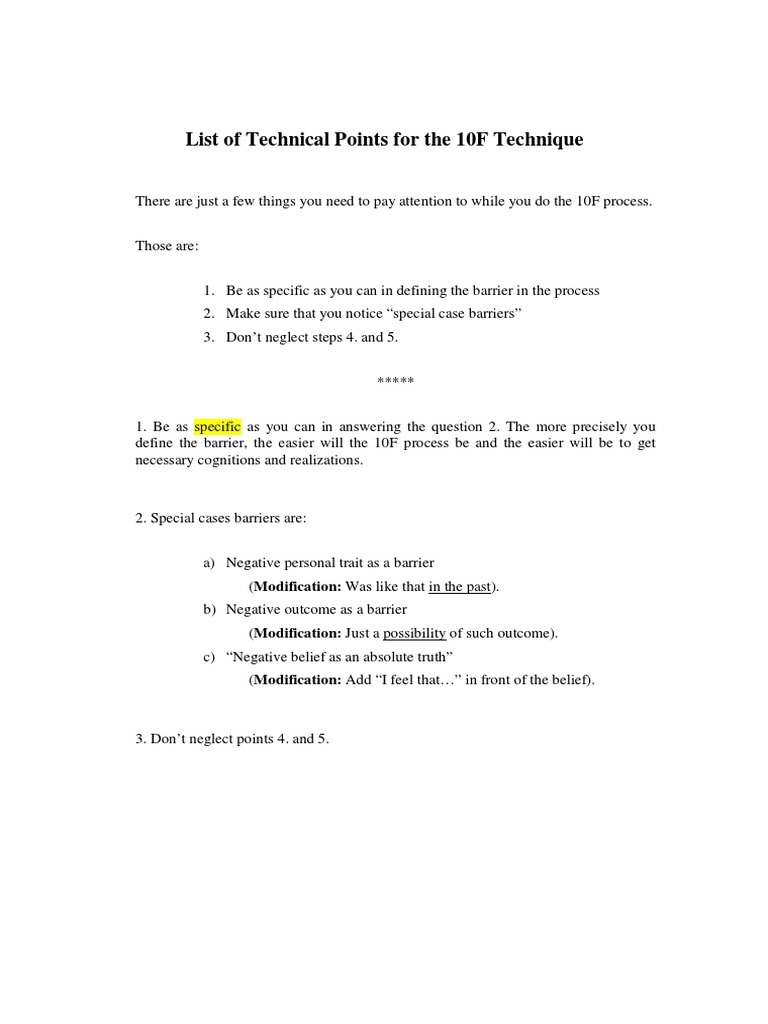 List of Technical Points For The 10F Technique With Explanation | PDF ...