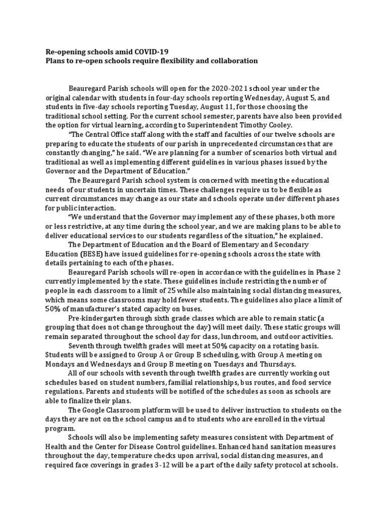 Beauregard Schools' Reopening Plan | PDF | Behavior Modification | Learning