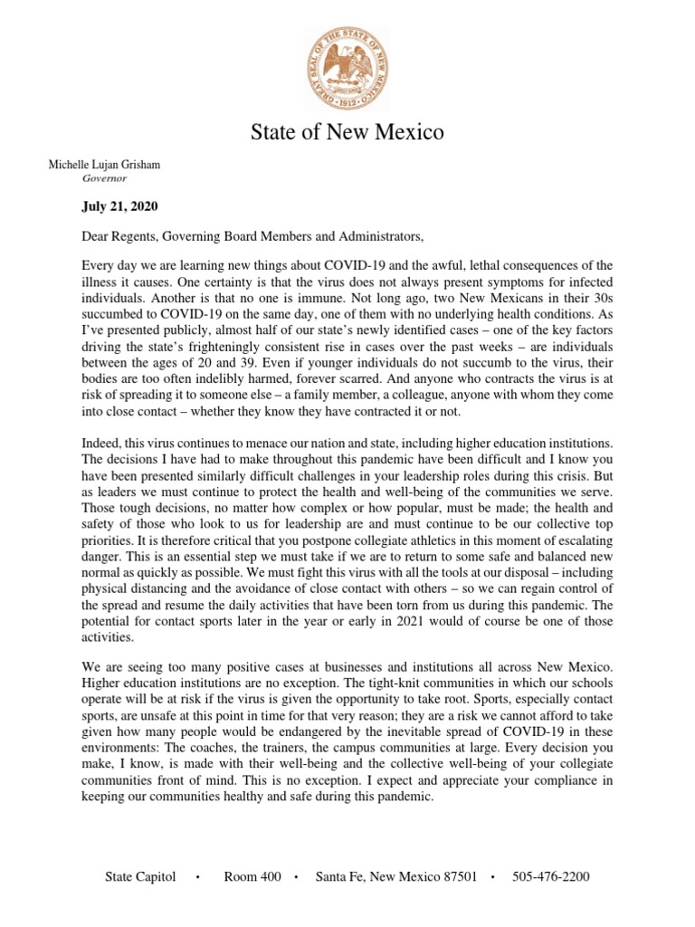 Gov. Lujan Grisham's Letter To UNM and NMSU | PDF | Virus | Public Health