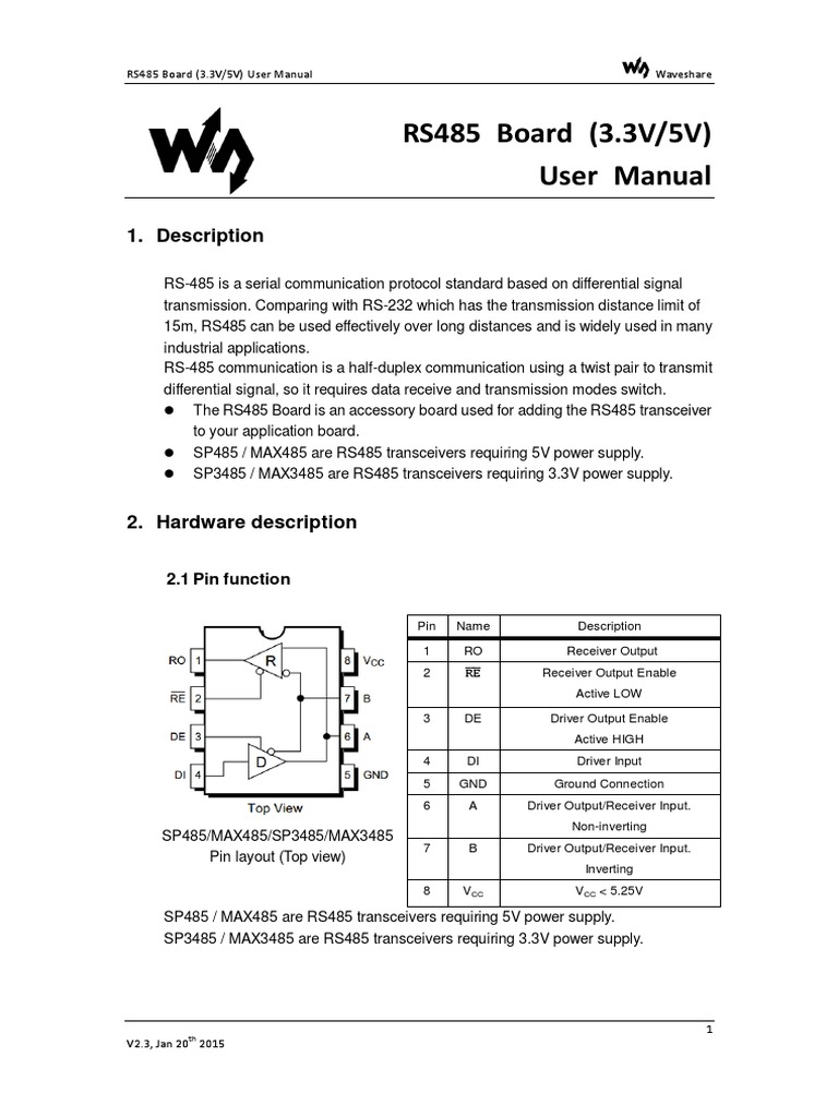 RS485 Board (3.3V/5V) User Manual: 1. Description | PDF | Electronic ...