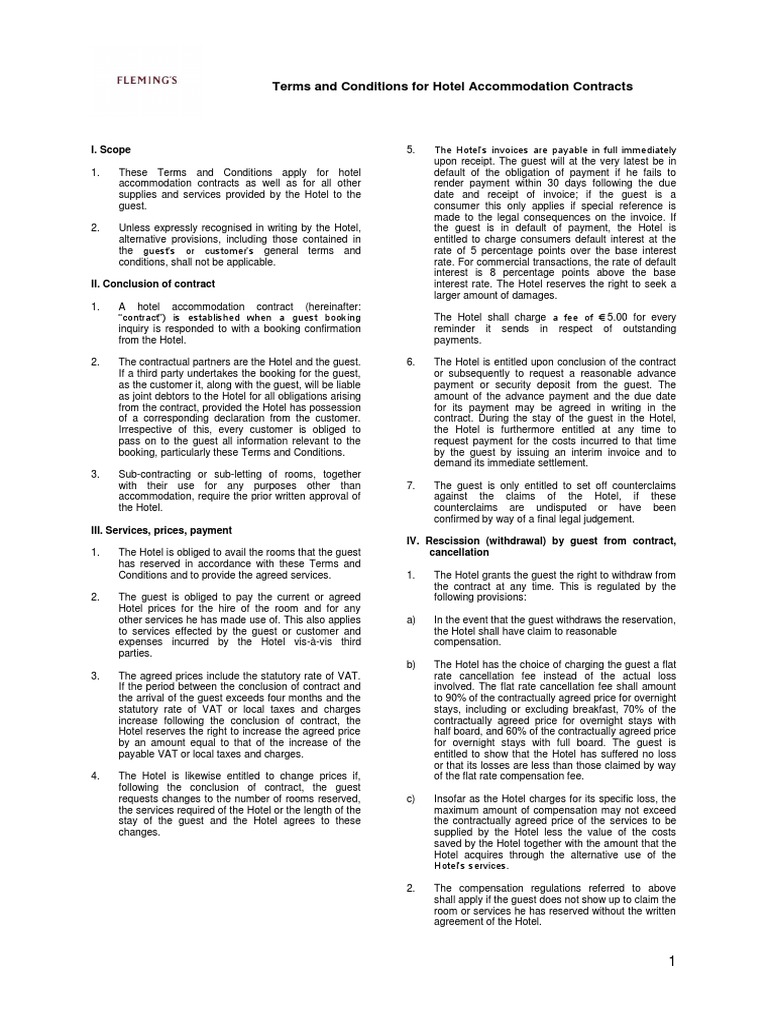 Terms and Conditions For Hotel Accommodation Contracts: I. Scope | PDF ...