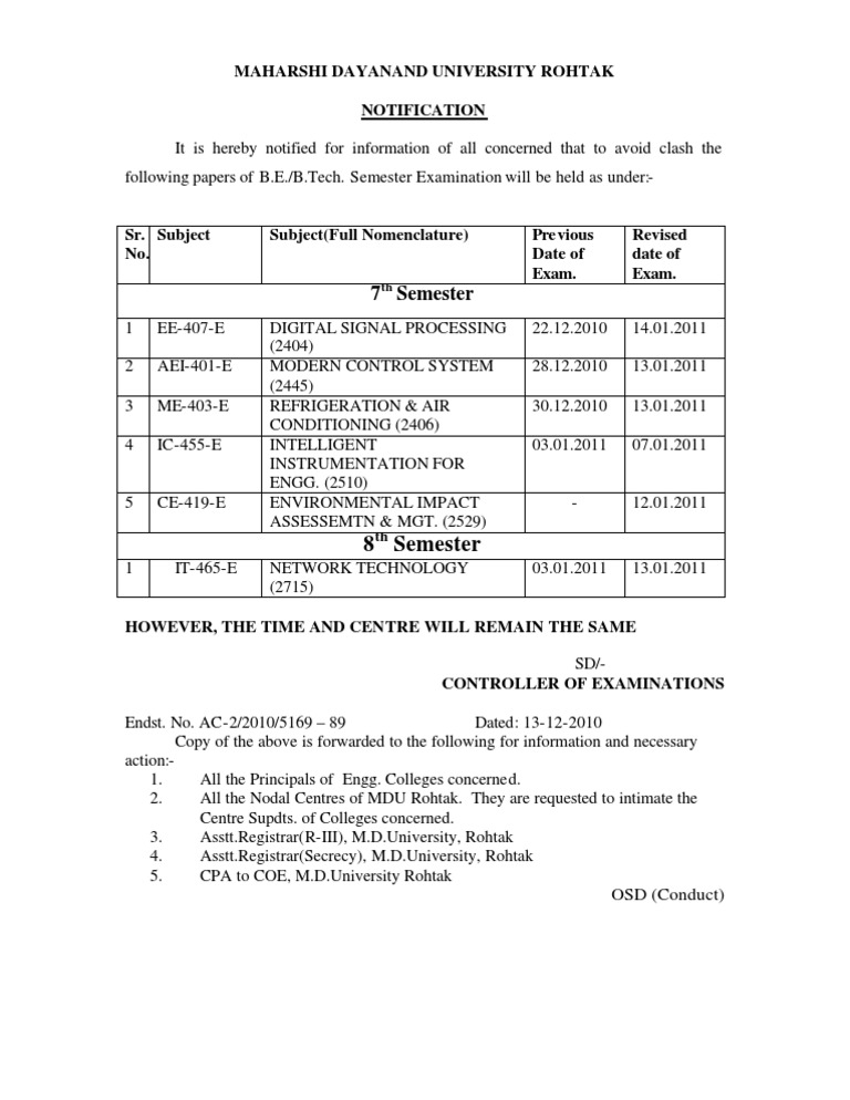 MDU Rohtak B.E./B.Tech Exam Date Changes | PDF | Science & Mathematics