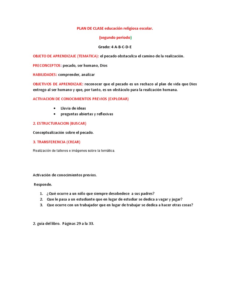 Plan de Clase: Educación Religiosa 4to grado | PDF | Educación avanzada ...