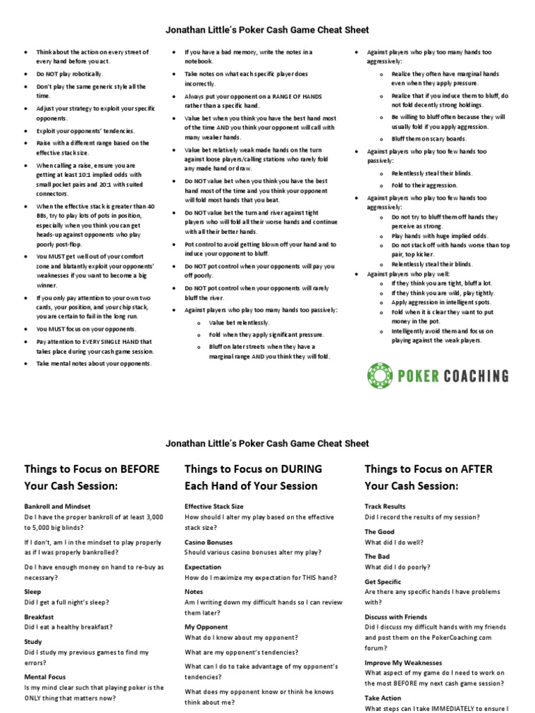 Jonathan Little's Poker Cash Game Cheat Sheet PDF Betting In Poker