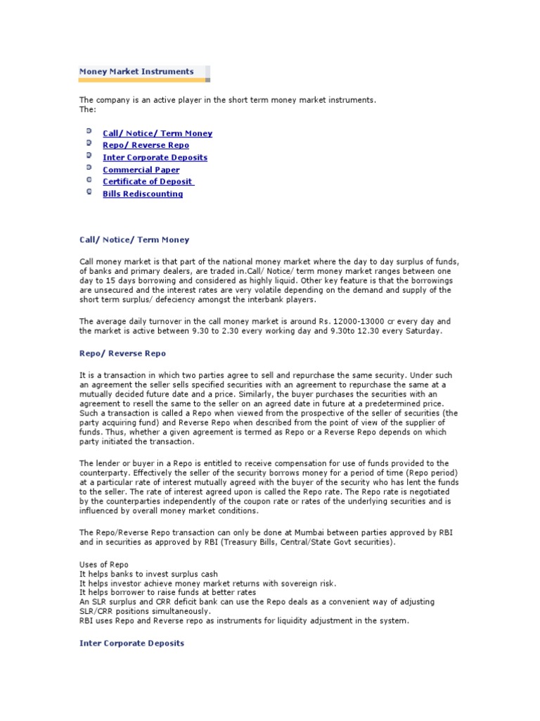 Overview of Money Market Instruments | PDF | Repurchase Agreement ...