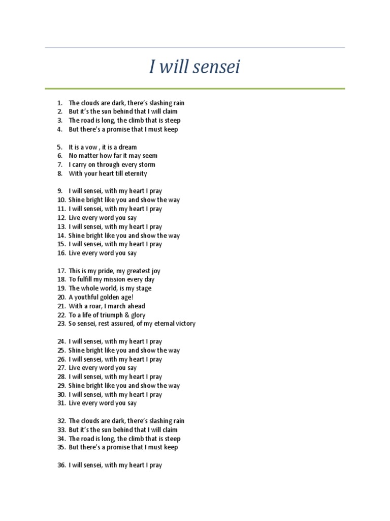 I Will Sensei Lyrics | PDF