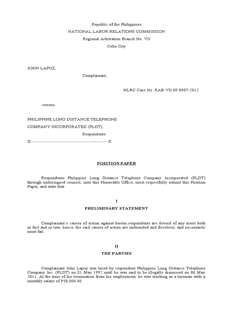 Respondent Position Paper | PDF | Employment | Labour Law